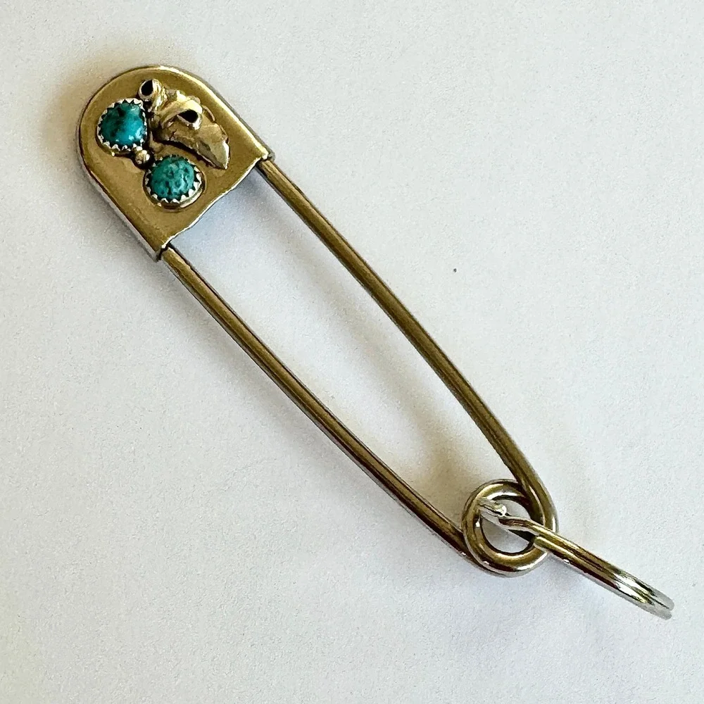 Navajo Safety Pin Keyring Turquoise Leaf Key Chain Tag 4in Mens Gift Big Native